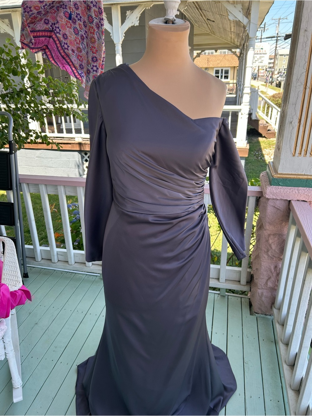 Elegant Off the Shoulder Evening Gown in Slate Gray - Picture 5 of 9